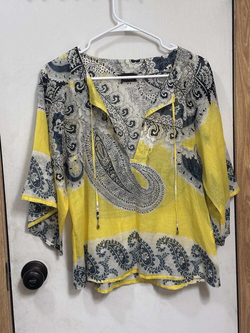Coast Yellow Paisley Boho Tunic Top 3/4 Oversized Sleeve Tassel SZ Small Resort